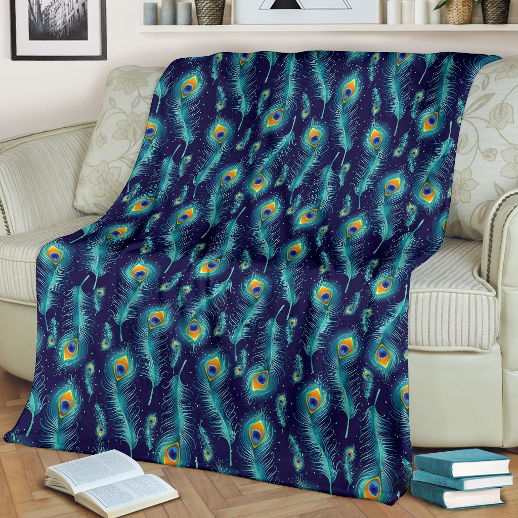 Peacock Feather Blue Design Print Fleece Blanket