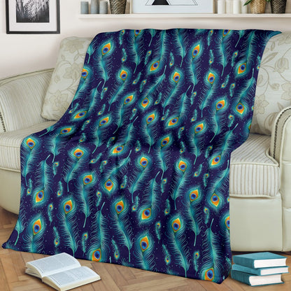 Peacock Feather Blue Design Print Fleece Blanket