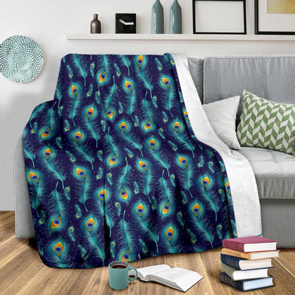 Peacock Feather Blue Design Print Fleece Blanket