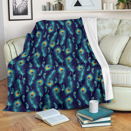 Peacock Feather Blue Design Print Fleece Blanket