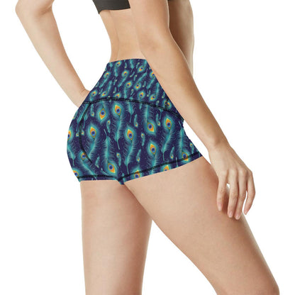 Peacock Feather Blue Design Print High Waisted Spandex Shorts-JTAMIGO.COM