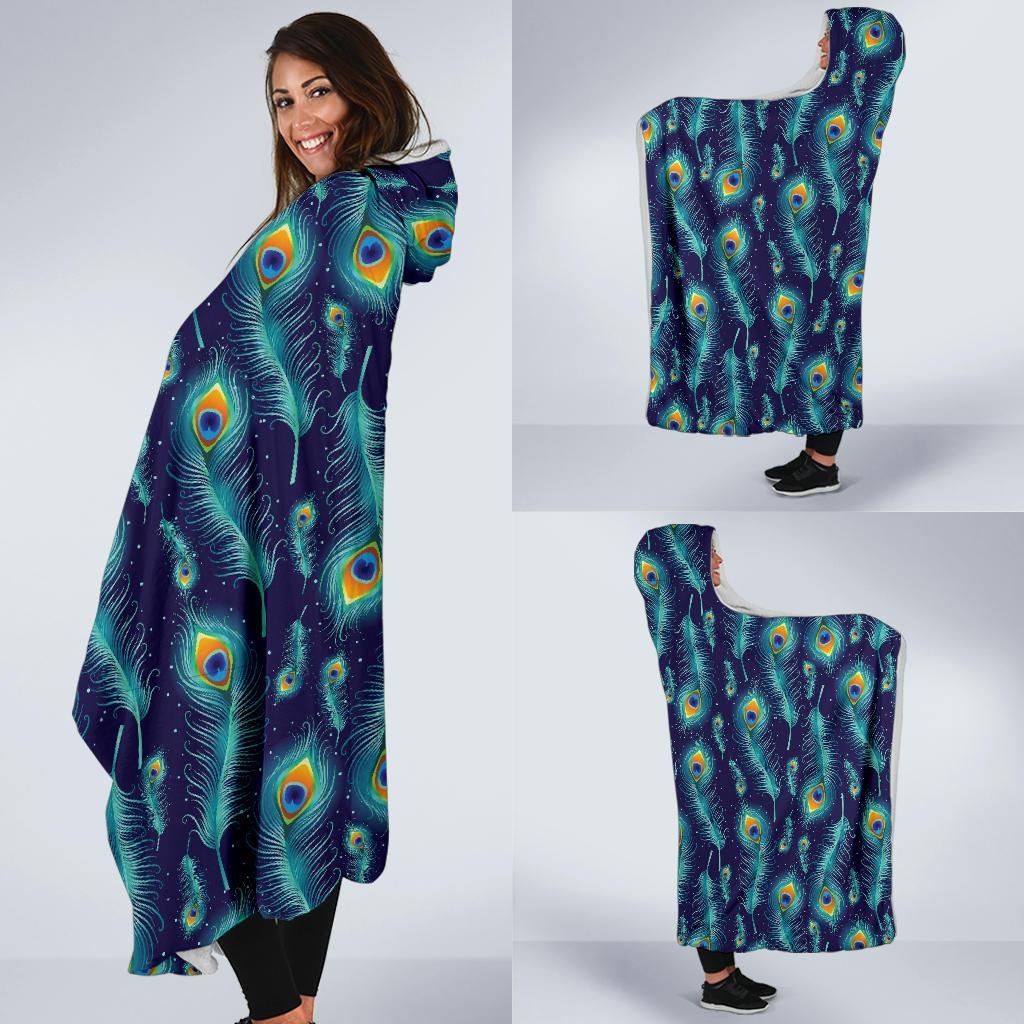 Peacock Feather Blue Design Print Hooded Blanket-JTAMIGO.COM