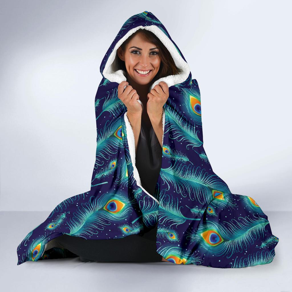 Peacock Feather Blue Design Print Hooded Blanket-JTAMIGO.COM