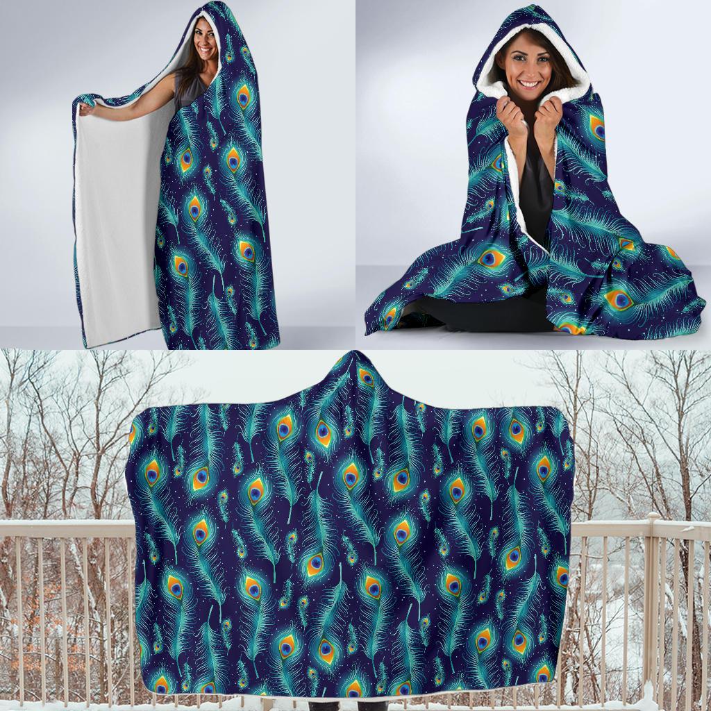 Peacock Feather Blue Design Print Hooded Blanket-JTAMIGO.COM