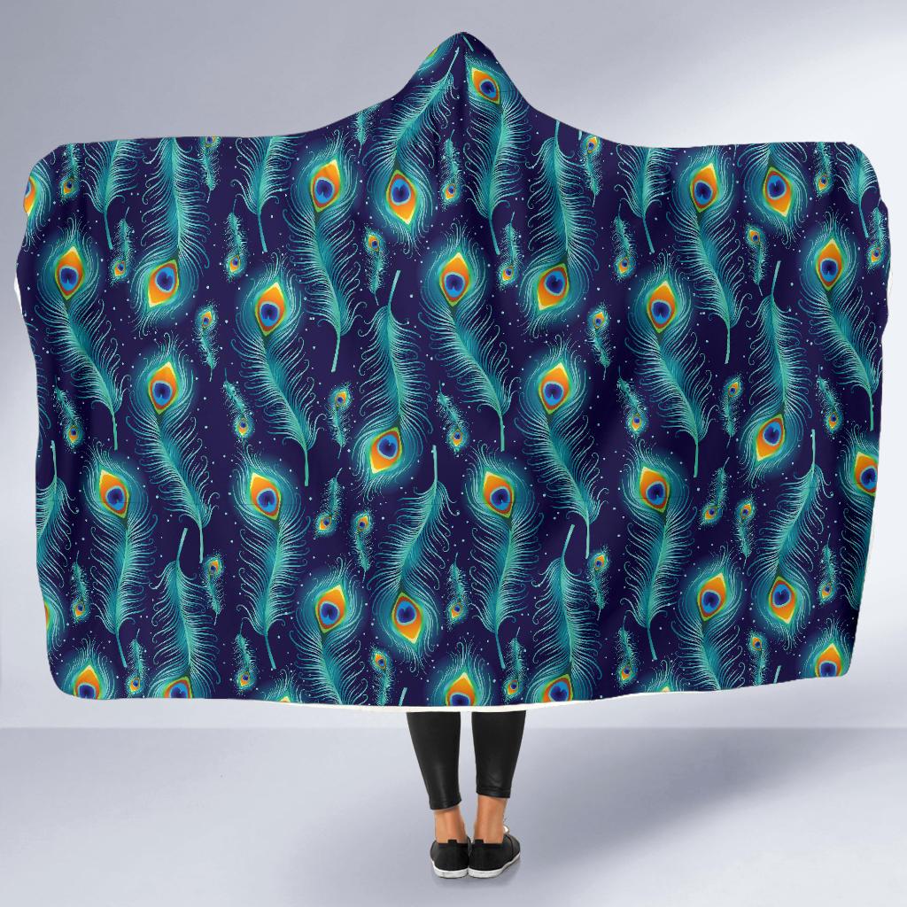 Peacock Feather Blue Design Print Hooded Blanket-JTAMIGO.COM