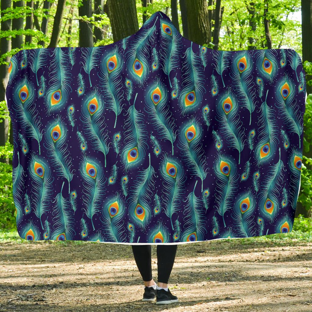 Peacock Feather Blue Design Print Hooded Blanket-JTAMIGO.COM