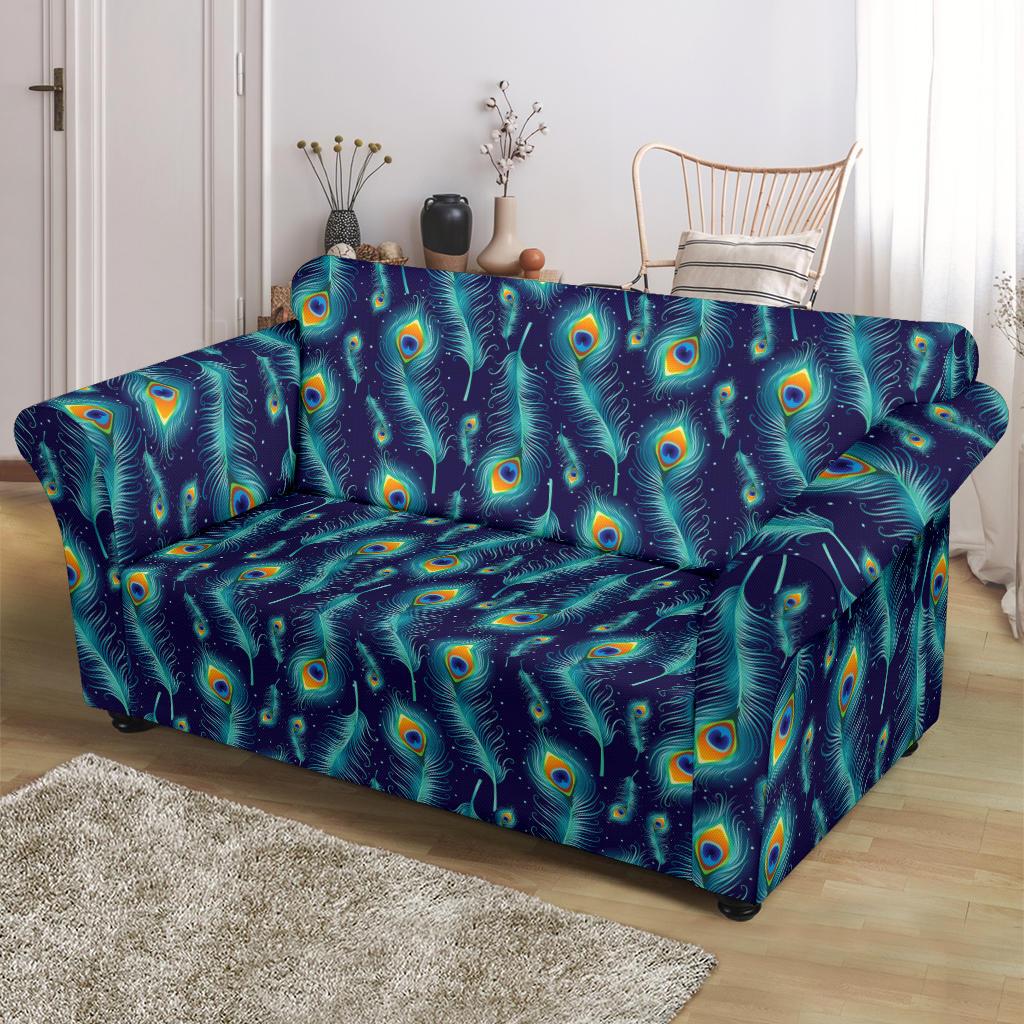 Peacock Feather Blue Design Print Loveseat Slipcover-JTAMIGO.COM