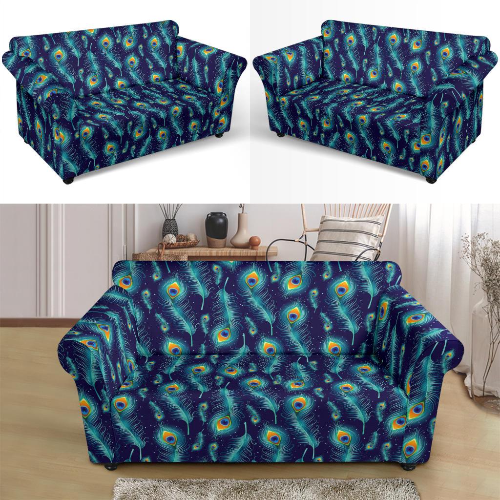 Peacock Feather Blue Design Print Loveseat Slipcover-JTAMIGO.COM