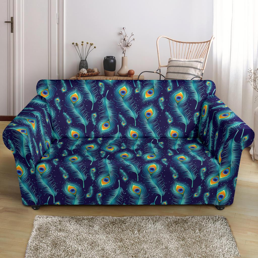 Peacock Feather Blue Design Print Loveseat Slipcover-JTAMIGO.COM