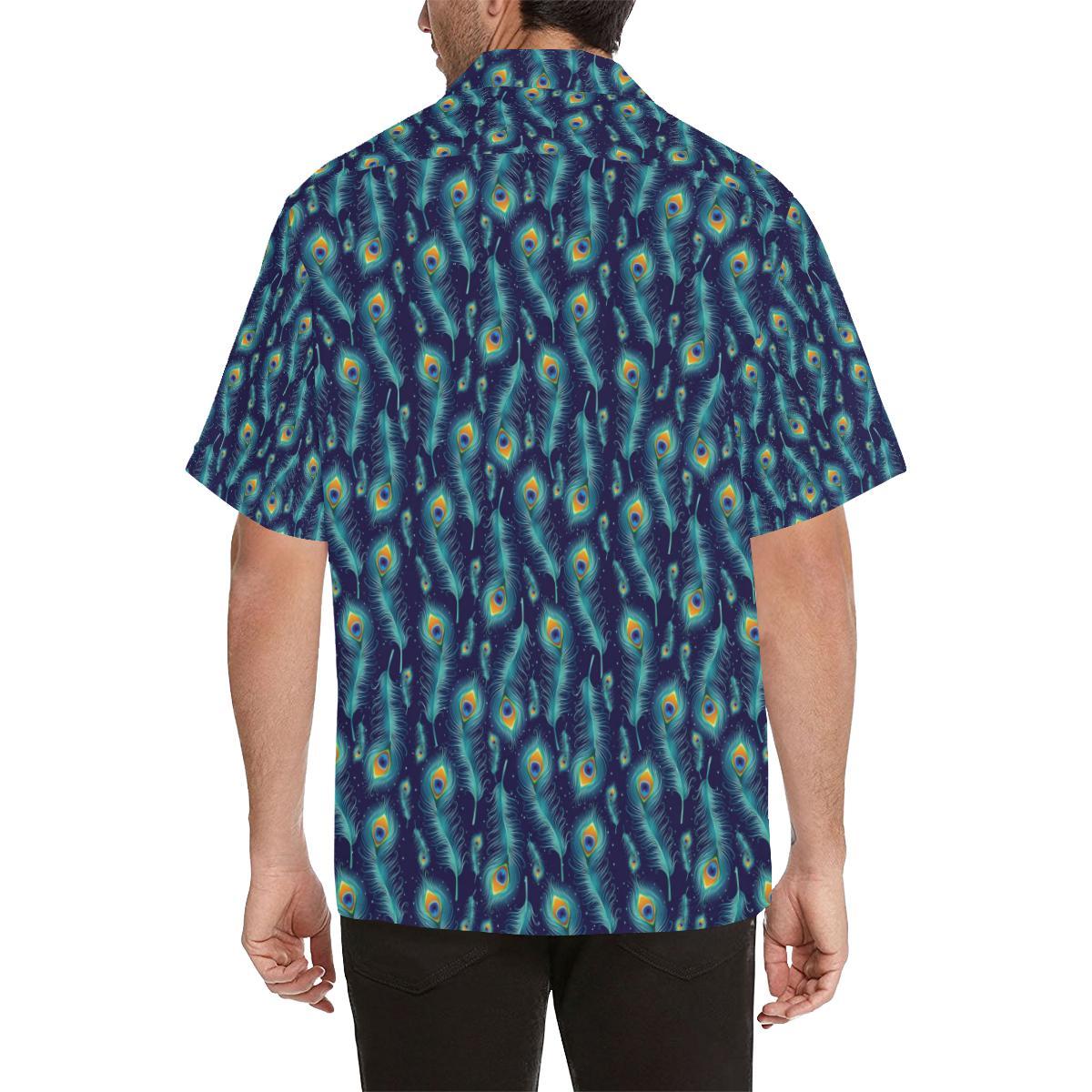 Peacock Feather Blue Design Print Men Aloha Hawaiian Shirt