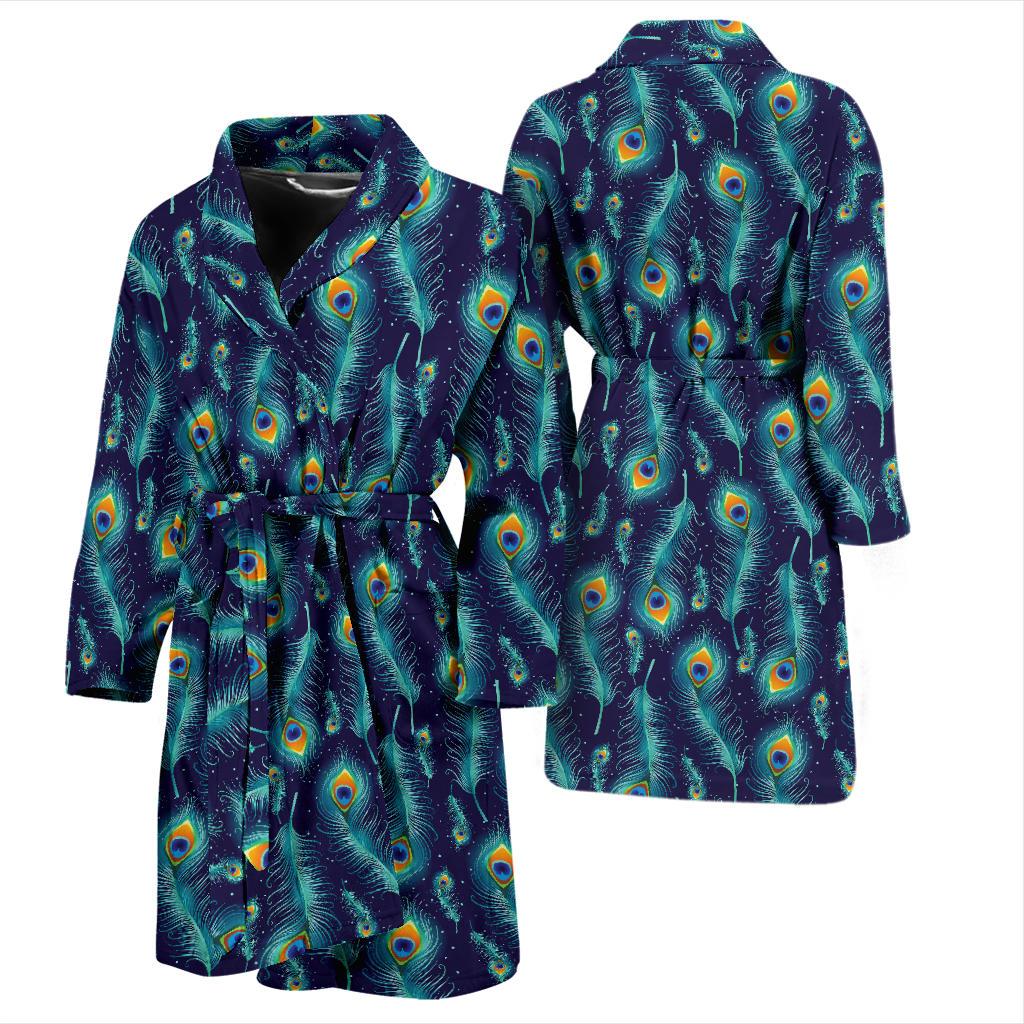 Peacock Feather Blue Design Print Men Bath Robe-JTAMIGO.COM