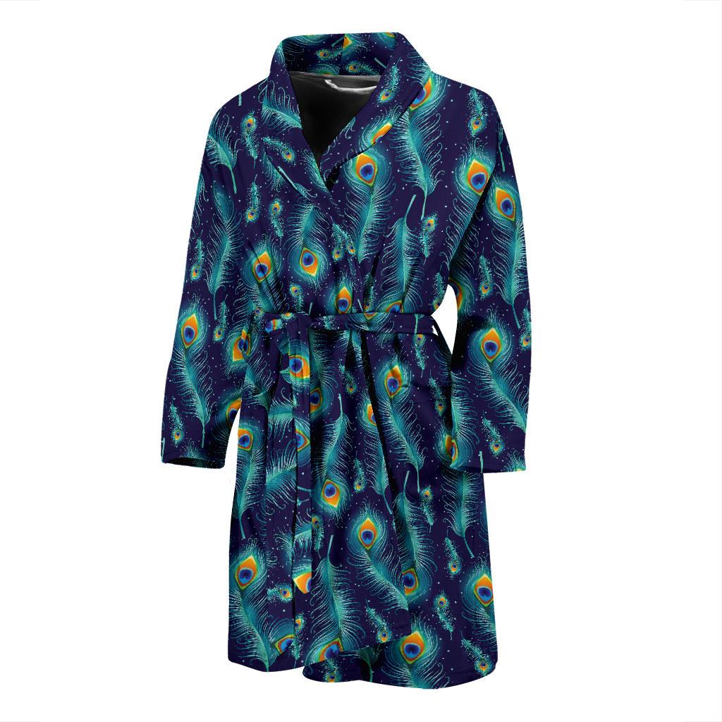 Peacock Feather Blue Design Print Men Bath Robe-JTAMIGO.COM