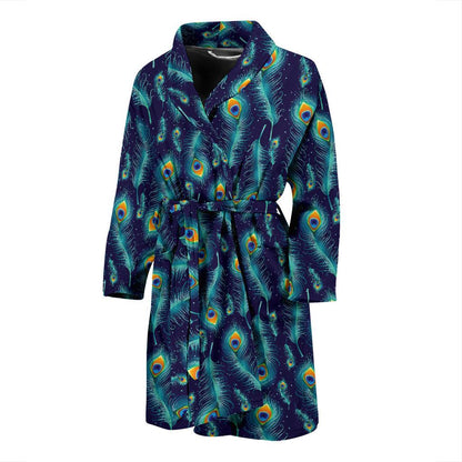 Peacock Feather Blue Design Print Men Bath Robe-JTAMIGO.COM