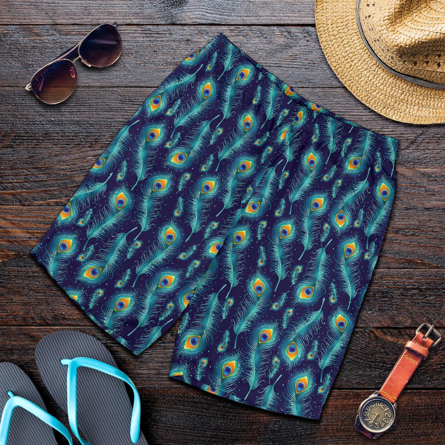 Peacock Feather Blue Design Print Mens Shorts-JTAMIGO.COM