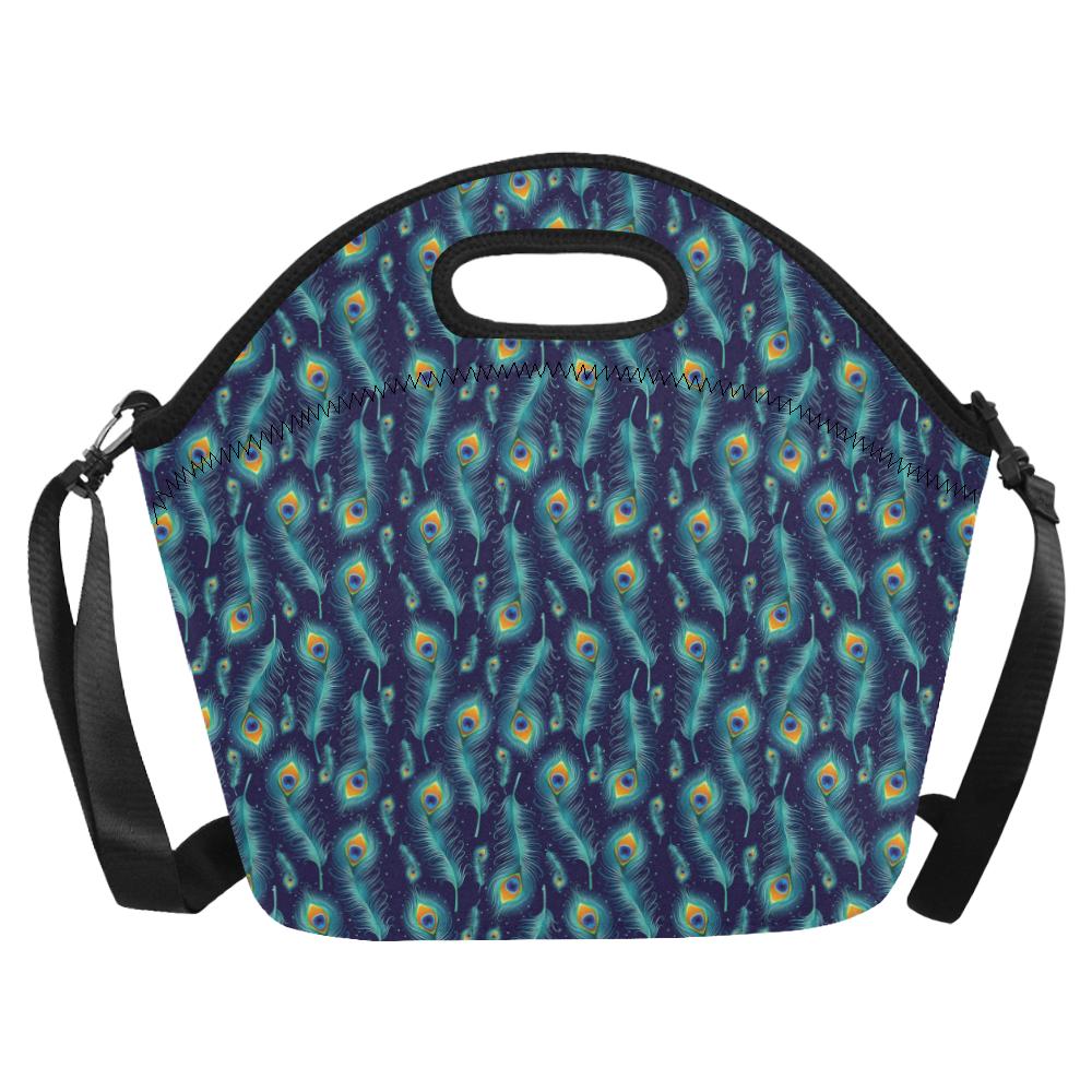 Peacock Feather Blue Design Print Neoprene Lunch Bag (Model 1669)(Large)-JTAMIGO.COM