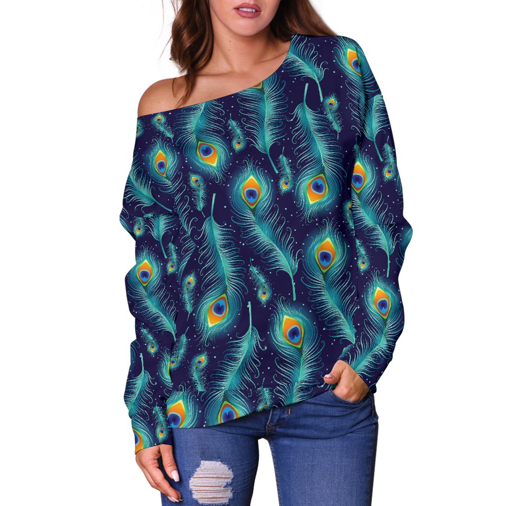 Peacock Feather Blue Design Print Off Shoulder Sweatshirt