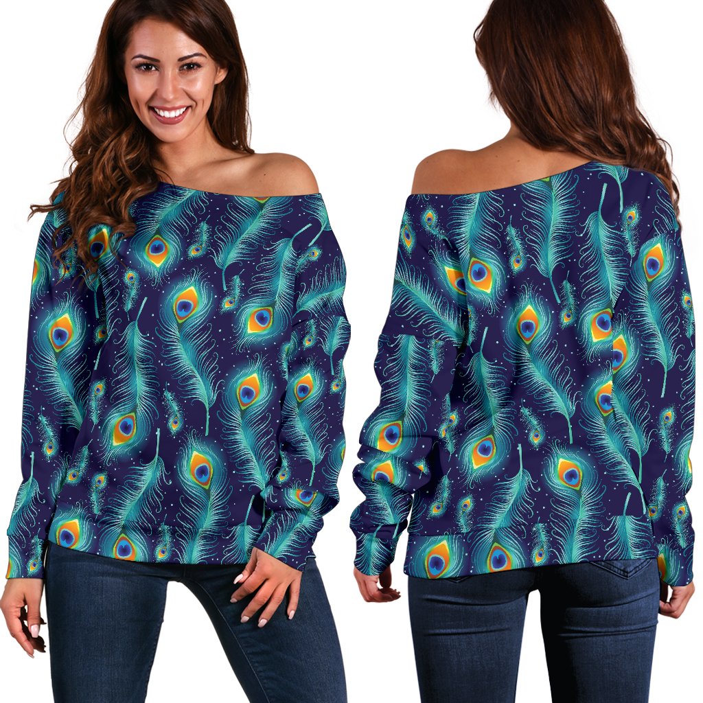 Peacock Feather Blue Design Print Off Shoulder Sweatshirt