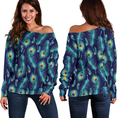 Peacock Feather Blue Design Print Off Shoulder Sweatshirt