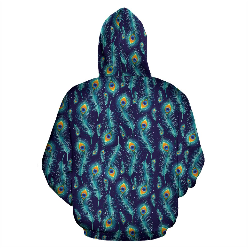Peacock Feather Blue Design Print Pullover Hoodie