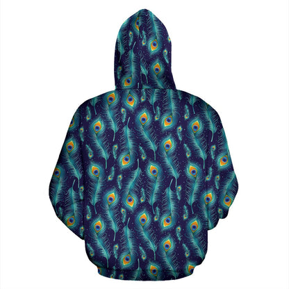 Peacock Feather Blue Design Print Pullover Hoodie