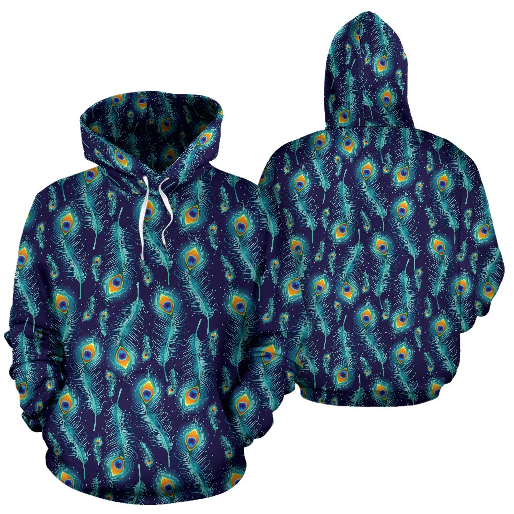 Peacock Feather Blue Design Print Pullover Hoodie