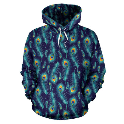 Peacock Feather Blue Design Print Pullover Hoodie