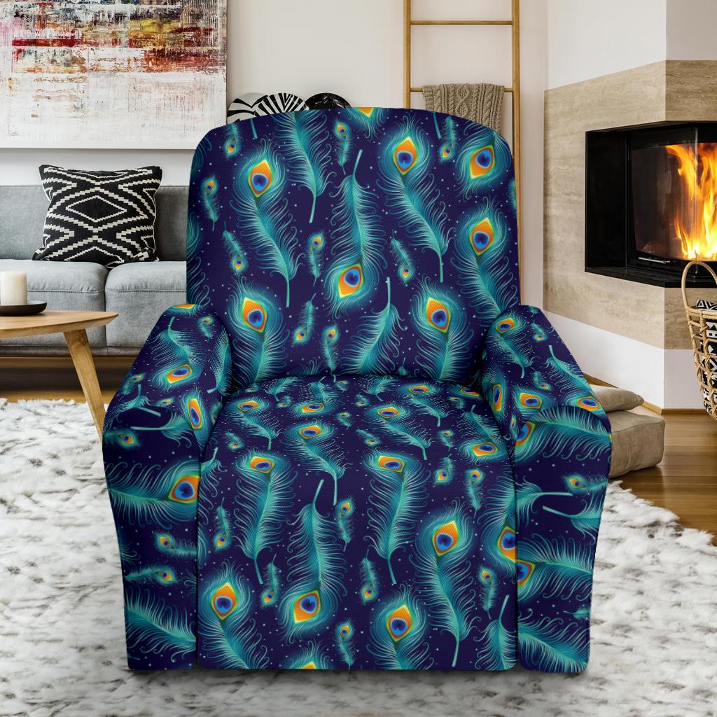 Peacock Feather Blue Design Print Single Sofa Slipcover -JTAMIGO.COM