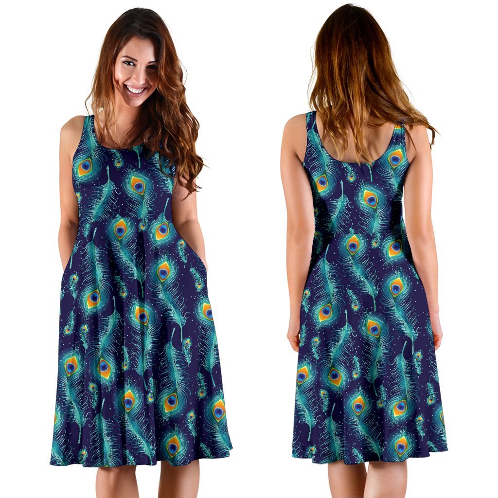Peacock Feather Blue Design Print Sleeveless Dress