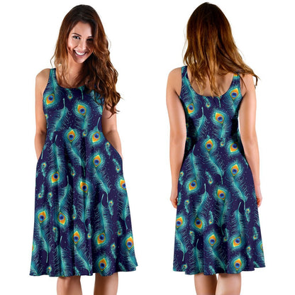 Peacock Feather Blue Design Print Sleeveless Dress
