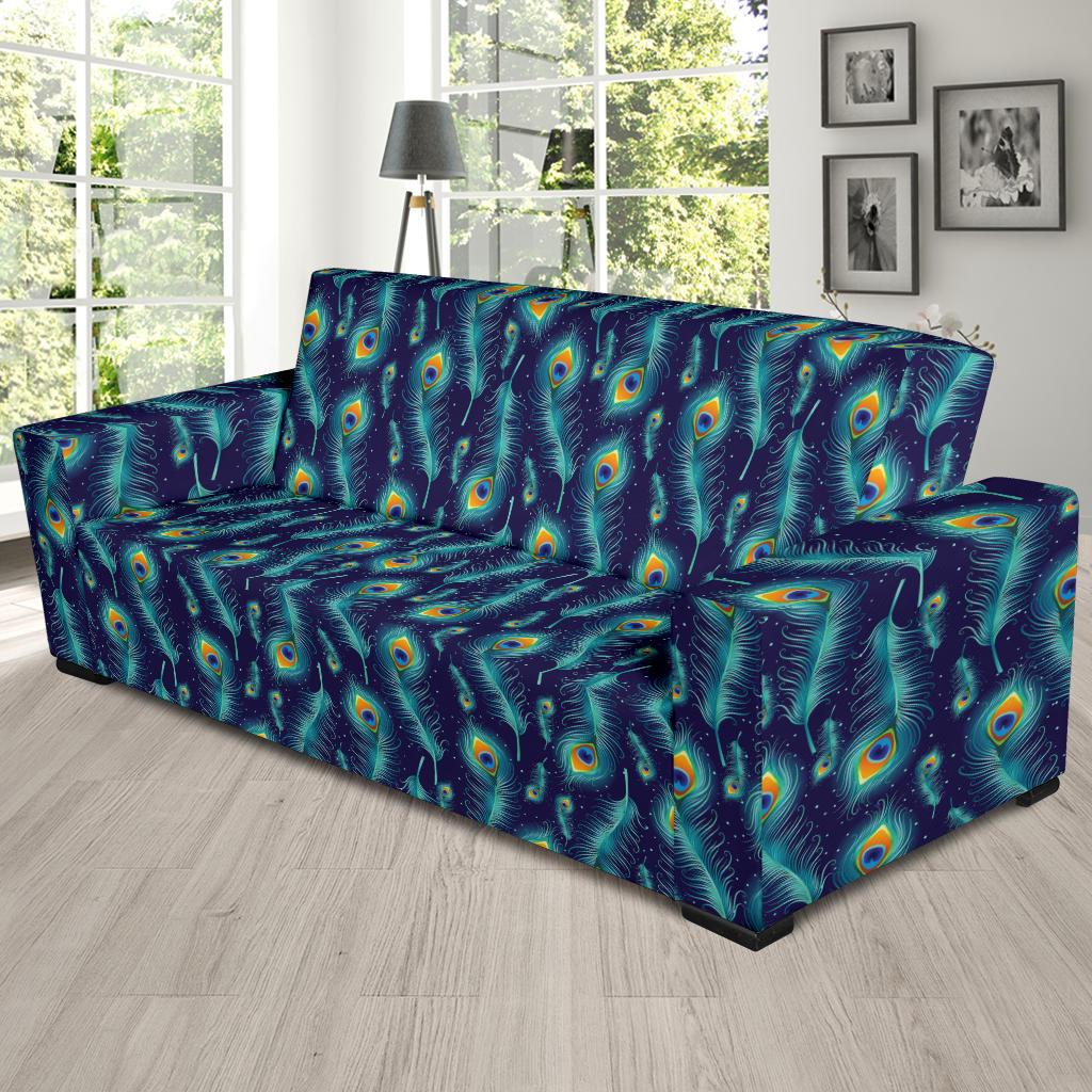Peacock Feather Blue Design Print Sofa Slipcover-JTAMIGO.COM