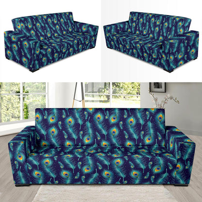 Peacock Feather Blue Design Print Sofa Slipcover-JTAMIGO.COM