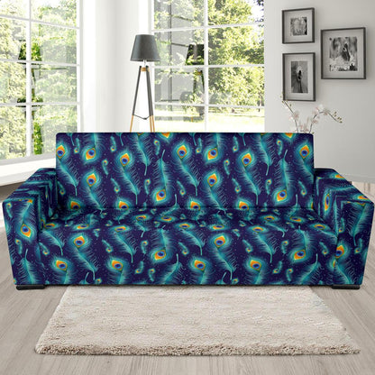 Peacock Feather Blue Design Print Sofa Slipcover-JTAMIGO.COM
