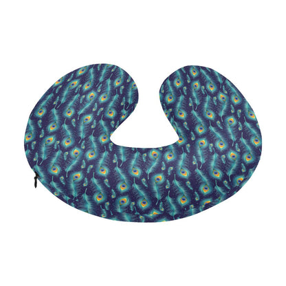 Peacock Feather Blue Design Print U-Shaped Travel Neck Pillow-JTAMIGO.COM