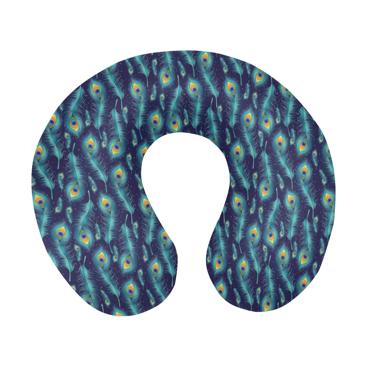 Peacock Feather Blue Design Print U-Shaped Travel Neck Pillow-JTAMIGO.COM