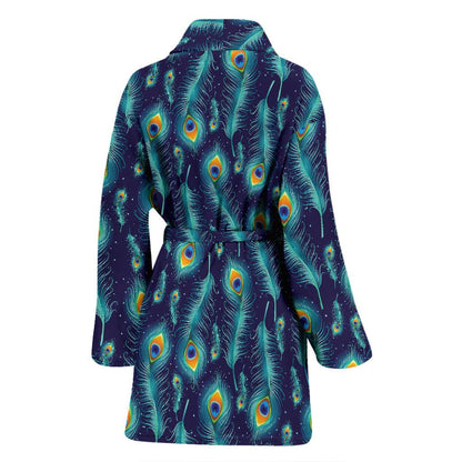 Peacock Feather Blue Design Print Women Bath Robe-JTAMIGO.COM