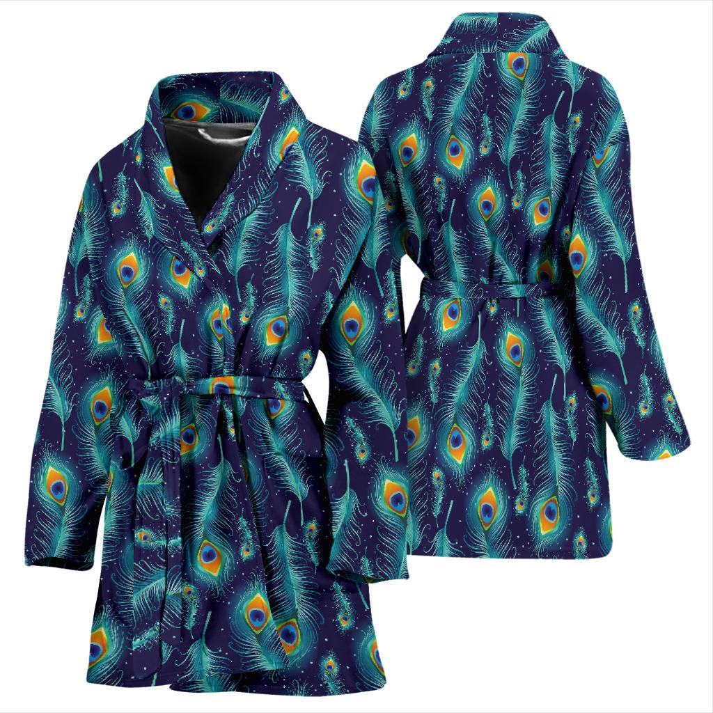 Peacock Feather Blue Design Print Women Bath Robe-JTAMIGO.COM