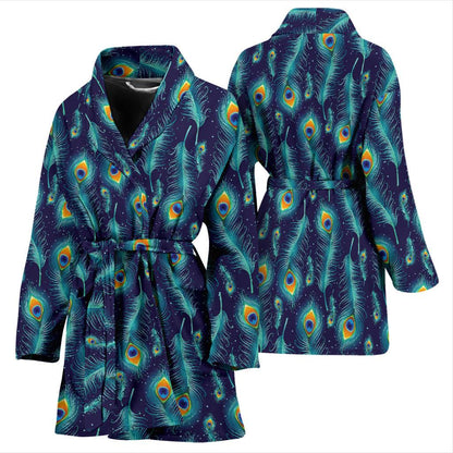 Peacock Feather Blue Design Print Women Bath Robe-JTAMIGO.COM
