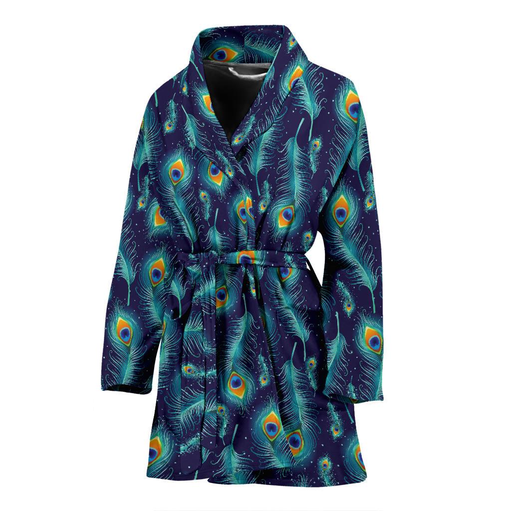 Peacock Feather Blue Design Print Women Bath Robe-JTAMIGO.COM
