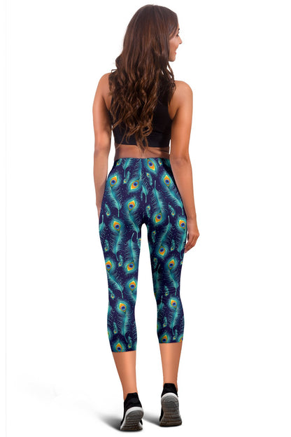 Peacock Feather Blue Design Print Women Capris