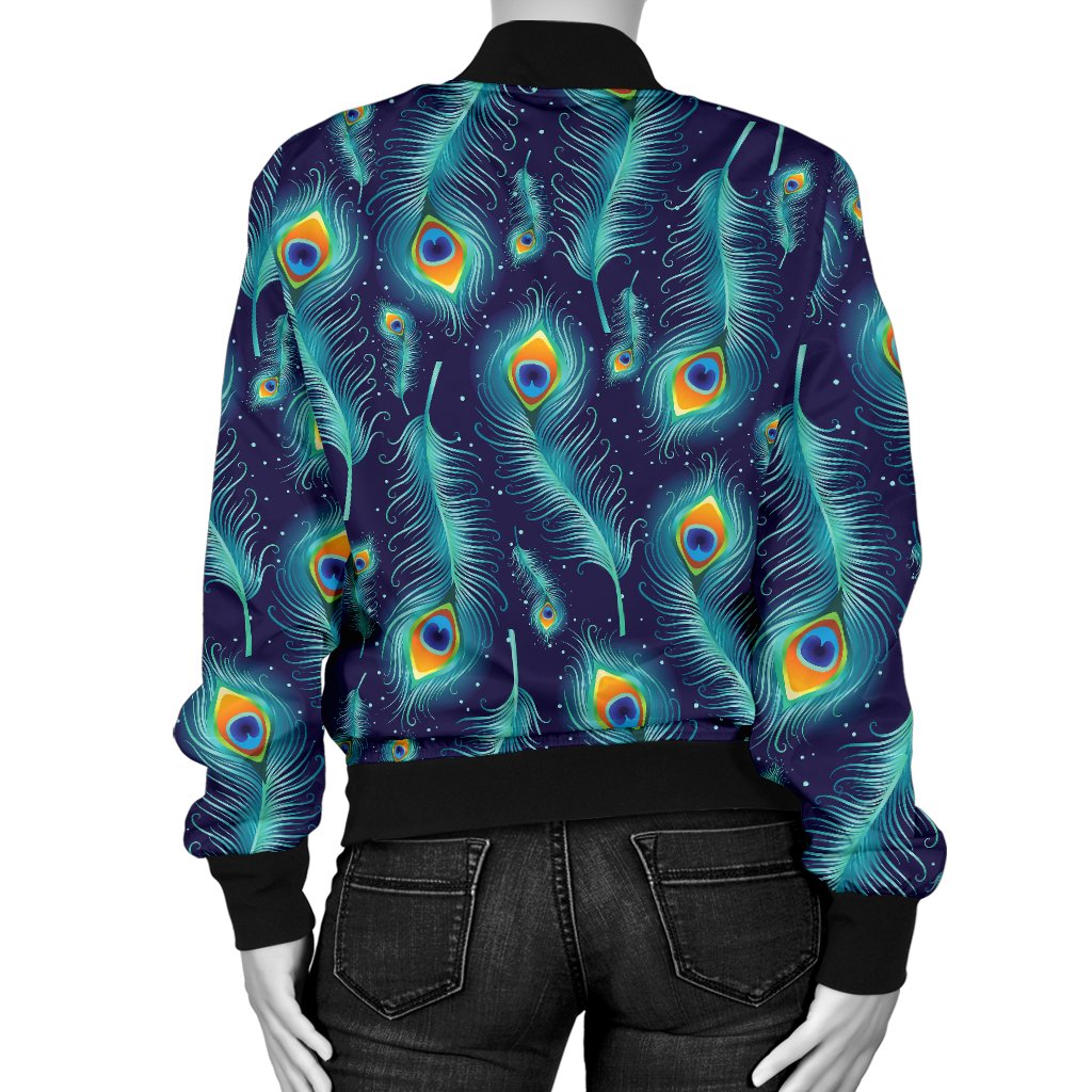 Peacock Feather Blue Design Print Women Casual Bomber Jacket