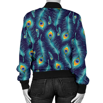 Peacock Feather Blue Design Print Women Casual Bomber Jacket