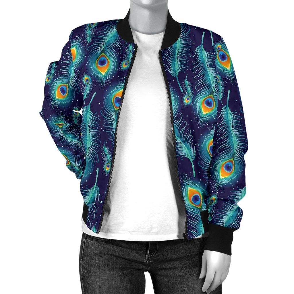 Peacock Feather Blue Design Print Women Casual Bomber Jacket