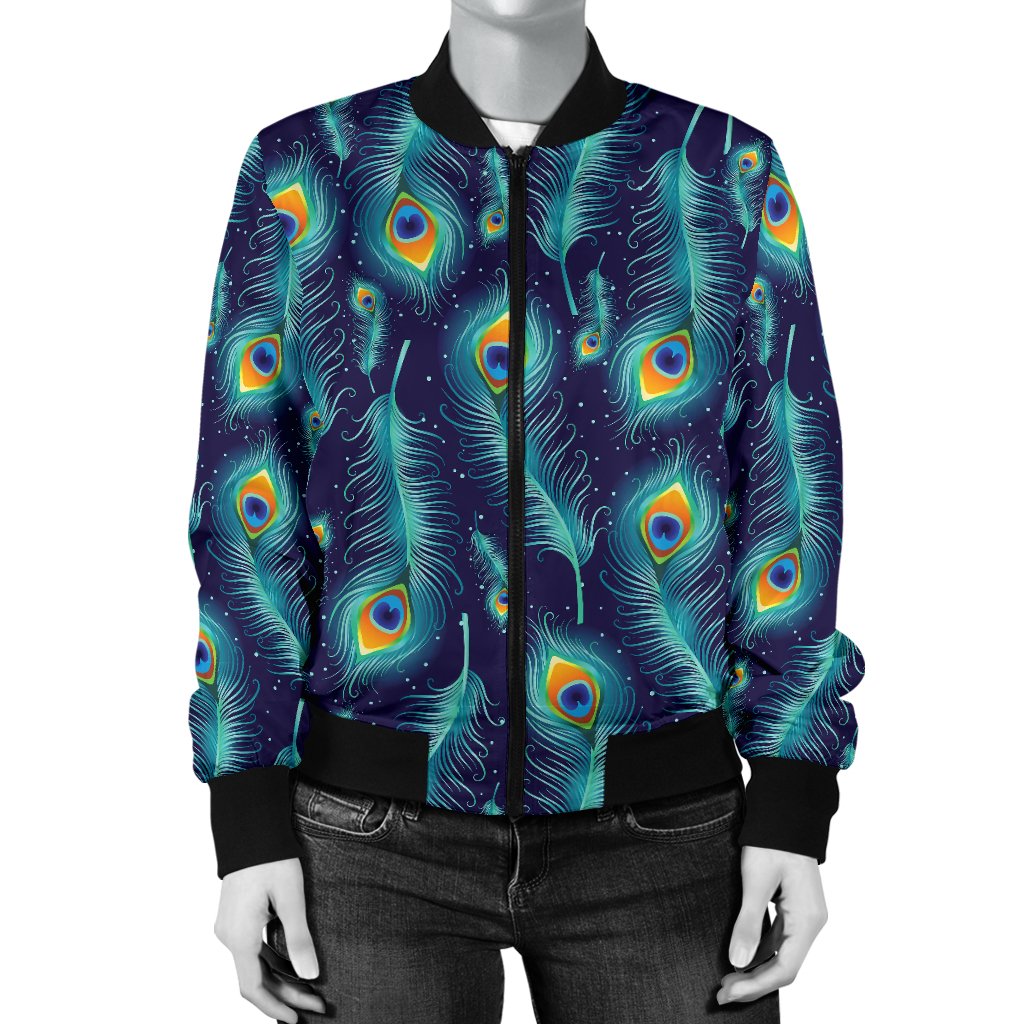 Peacock Feather Blue Design Print Women Casual Bomber Jacket