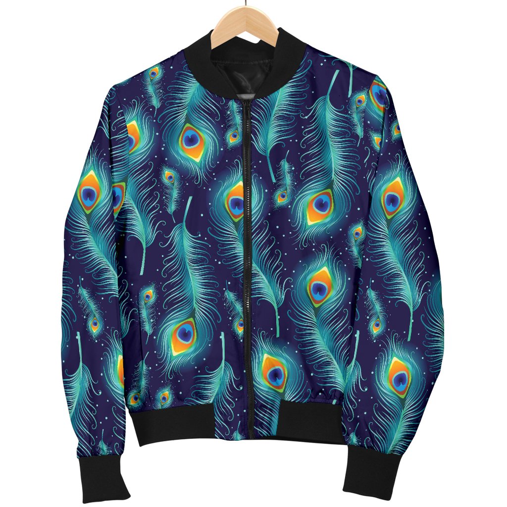 Peacock Feather Blue Design Print Women Casual Bomber Jacket