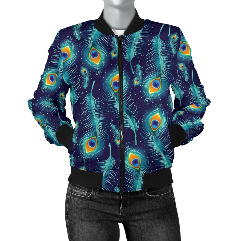Peacock Feather Blue Design Print Women Casual Bomber Jacket