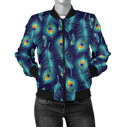 Peacock Feather Blue Design Print Women Casual Bomber Jacket