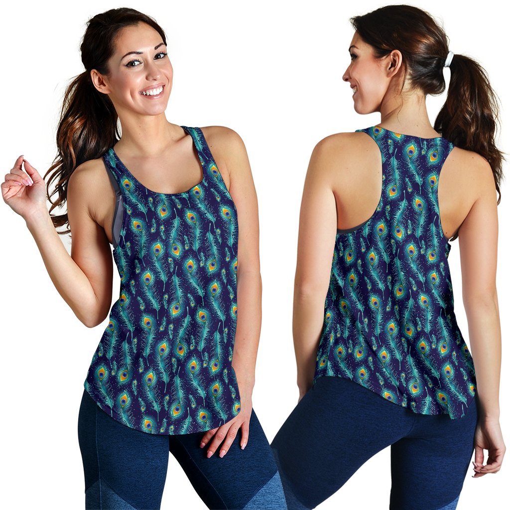 Peacock Feather Blue Design Print Women Racerback Tank Top