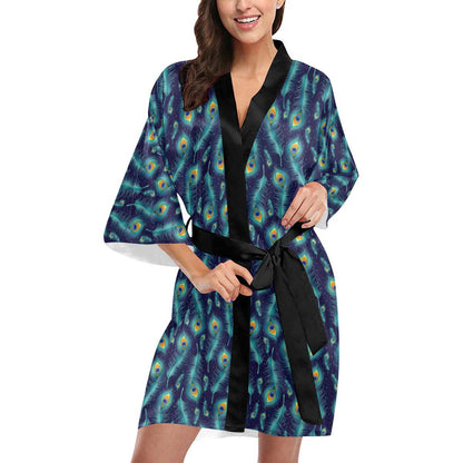 Peacock Feather Blue Design Print Women Short Kimono Robe