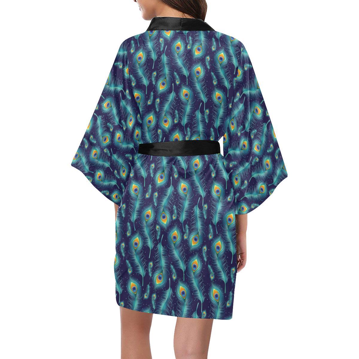 Peacock Feather Blue Design Print Women Short Kimono Robe