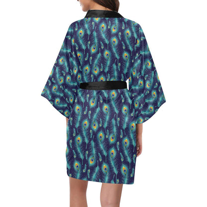 Peacock Feather Blue Design Print Women Short Kimono Robe